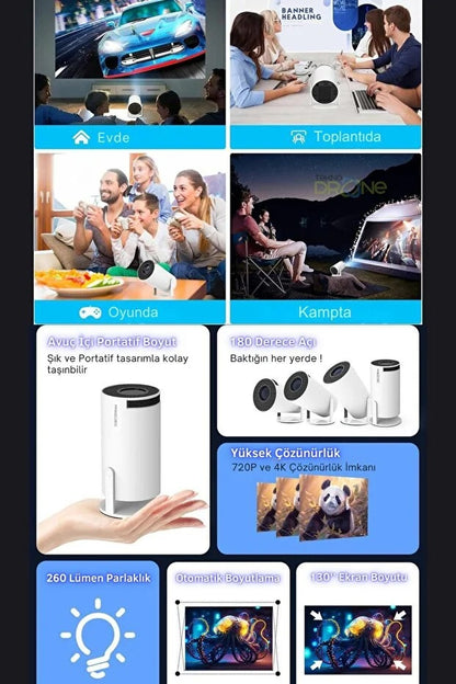 Taşınabilir Akıllı Mini Projeksiyon | WiFi Destekli Android Ev Sinema Cihazı FaceLuna